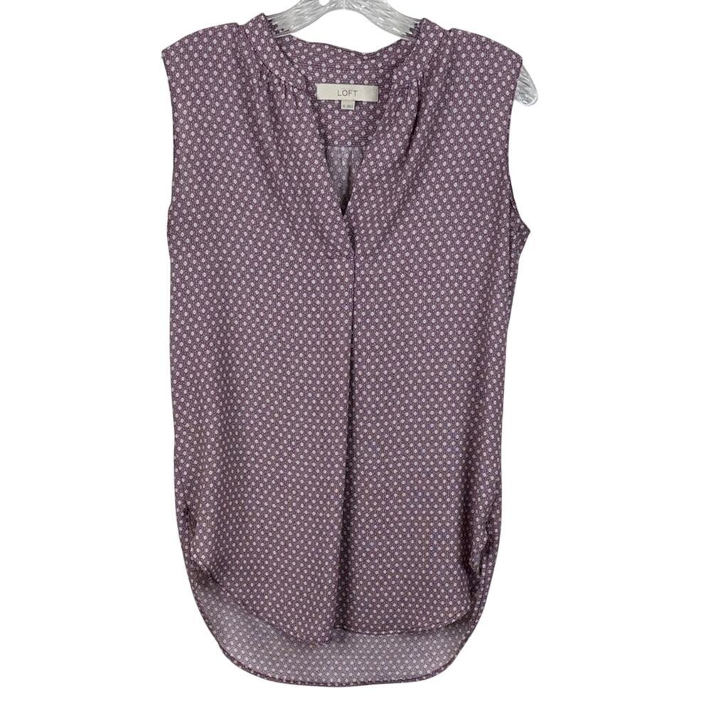 LOFT Purple Floral Sleeveless Blouse V-Neck Pleated Shell Top Mauve Size XS